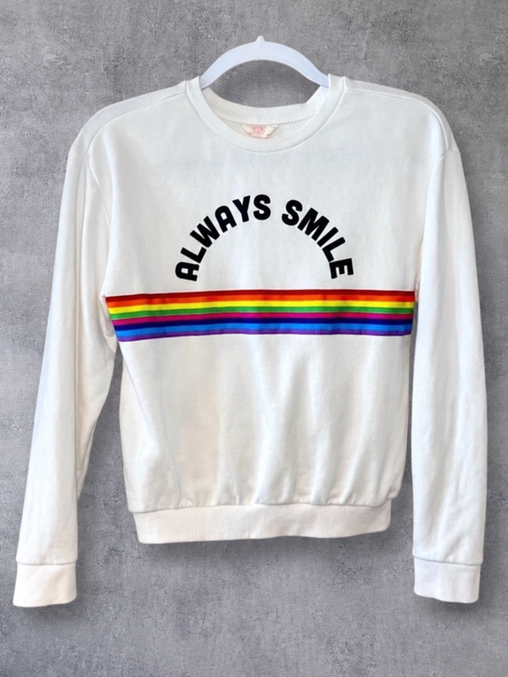 FOREVER 21 Girls 13-14 White Crewneck Sweatshirt Rainbow Graphic Stripe School